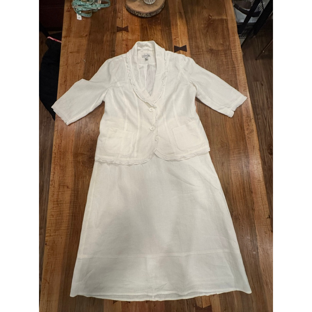Kim Rogers Petite Linen Skirt Set White Ruffle Blazer Midi Skirt PL - Picture 7 of 16